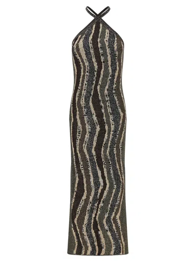 Missoni Womens Brown Tones Stripes Halterneck Metallic Knitted Midi Dress