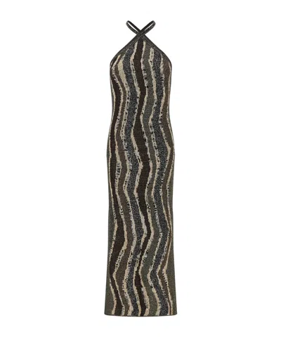 Missoni Womens Brown Tones Stripes Halterneck Metallic Knitted Midi Dress