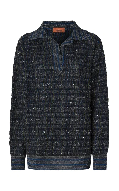 Missoni Wavy Checkered Loom Knit Polo In Blue