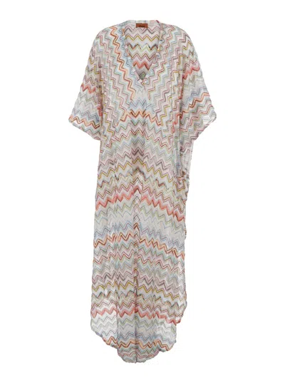 Missoni White Dress With V Neck And All-over Zig-zag Motif In Viscose Blend Woman In Multi