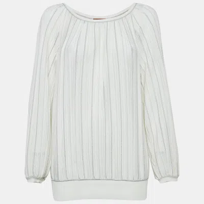 Pre-owned Missoni White Pinhole Lurex Knit Round Neck Top M