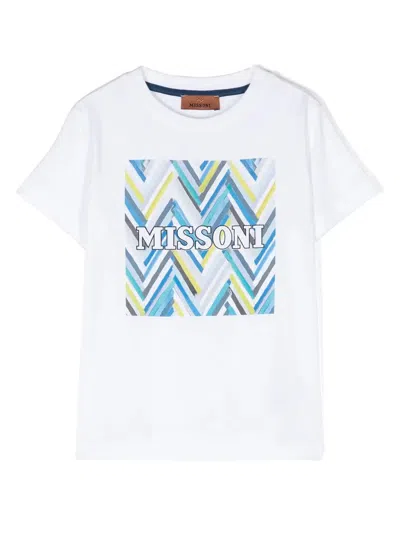 Missoni Kids' White T-shirt With Blue Chevron Print