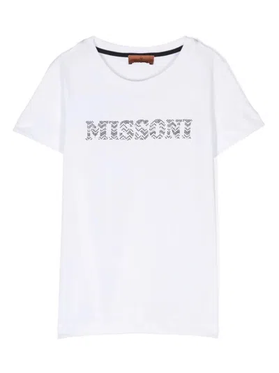 Missoni Kids' White T-shirt With Chevron Motif Rhinestone Logo