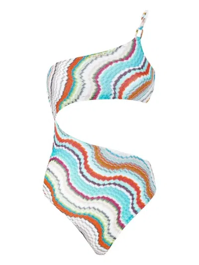 MISSONI WHITE WAVE-PATTERN SWIMSUIT - WOMEN'S - VISCOSE/METALLISED FIBRES