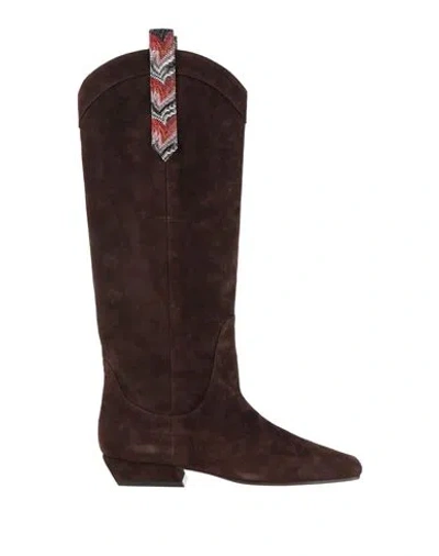 Missoni Woman Boot Dark Brown Size 8 Leather, Textile Fibers In Multi