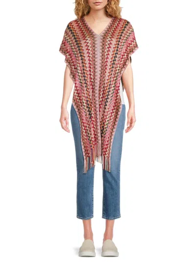 Missoni Women's Chevron Print Fringe Poncho In Red Pink