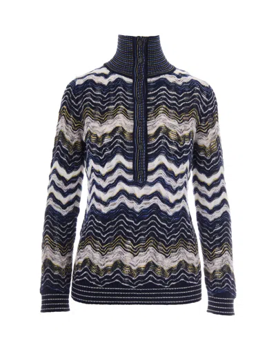 Missoni Women's Knit Turtleneck Sweater With Button Placket In Blubase W Yellow/wht