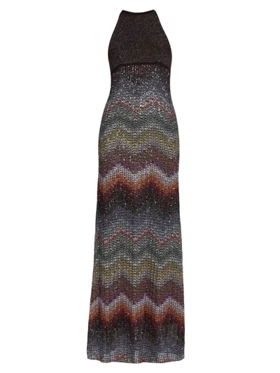 Missoni Long Halter-neck Dress In A Greek-style Zigzag Knit With Sequins Clothing In Multi