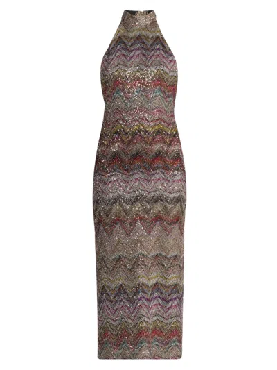 Missoni Women's Sequin Zig-zag Open-back Knit Midi-dress In Brown