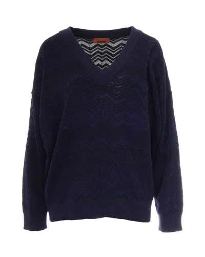 Missoni Women's Zigzag Knit V-neck Sweater In Solid Navy Blue