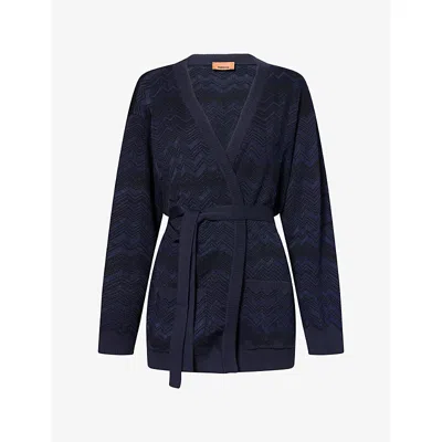 Missoni Womens Belted Chevron Knitted Cardigan Solid Navy Blue