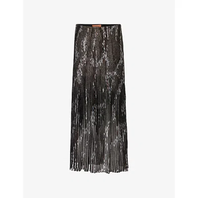 Missoni Womens Black Base Brown White Metallic Printed Knitted Midi Skirt