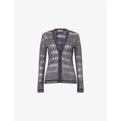 Missoni Womens Blue Chevron V-neck Metallic-knit Cardigan