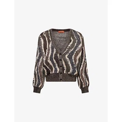 Missoni Womens Brown Tones Stripes Metallic V-neck Knitted Cardigan