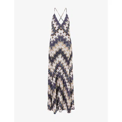 Missoni Womens Chevron Plunge-sleeveless Metallic Knit Maxi Dress Multi Blue White