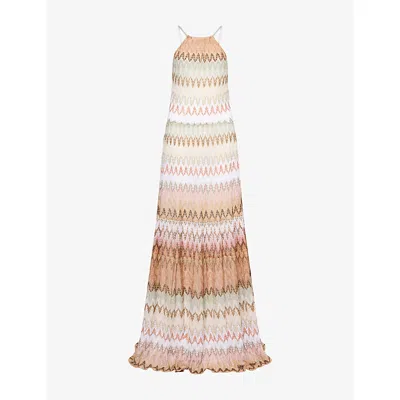 Missoni Womens Chevron Sleeveless Metallic-knit Maxi Dress Multi Beige Red White