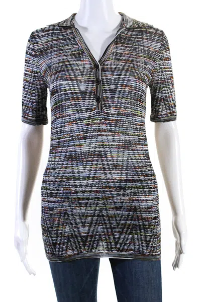 Missoni Womens Collared V Neck Striped Short Sleeve Blouse Top Multi