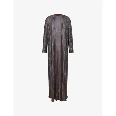 Missoni Womens Dark Brown Herringbone-stripe Metallic-knit Long Cardigan In Gray
