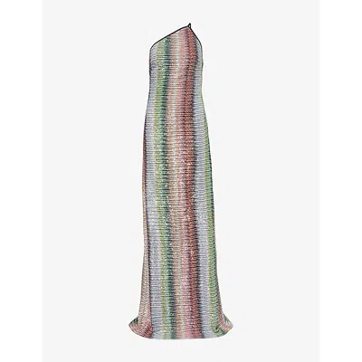 Missoni One Shoulder Maxi Length Striped Ribbed Dress In Multicolour