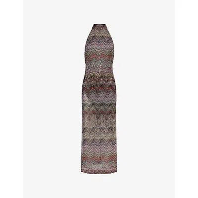 Missoni Womens Light Multicolor Tones Chevron Halterneck Woven Midi Dress