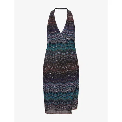 Missoni Womens Longuette Halterneck Knitted Mini Dress Dark Blue Tones