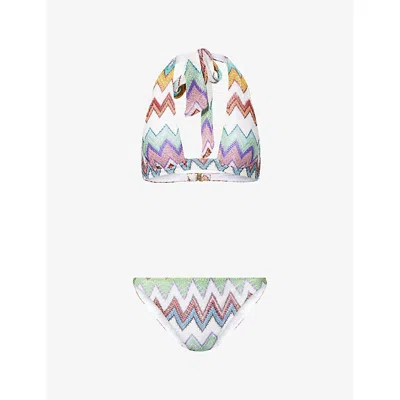 Missoni Womens Multicolor W/white Base Chevron-pattern Halterneck Metallic-knit Bikini Set