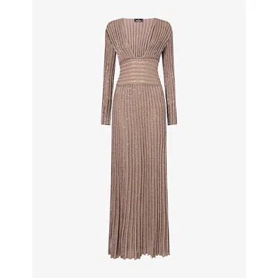 Missoni Womens  V-neck Pleated Knit Maxi Dress In Brown