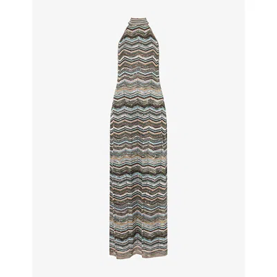 Missoni Womens  Zigzag Halterneck Sequined Lamé Knit Maxi Dress In Gray