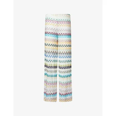 MISSONI WOMENS MULTI BLUE YELLOW OPEN-WORK WIDE-LEG WOVEN TROUSERS