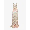 Missoni Multicolor Long Dress With V Neck And All-over Zig-zag Motif In Multi Green, Pink, Brown
