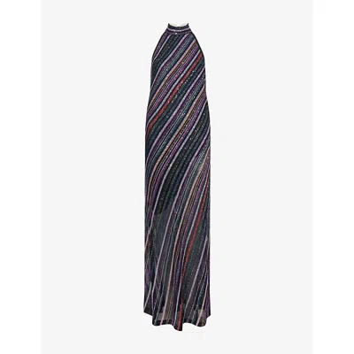 Missoni Womens Multi Orng Prpl Blk Striped Halterneck Knitted Maxi Dress