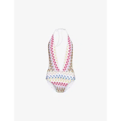 Missoni Womens Multi W/white Base Plunge-neckline Metallic-knit Swimsuit