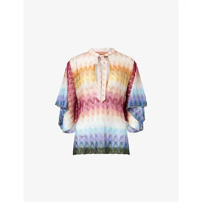 Missoni Womens V-neck Raschel-lace Lamé-knit Blouse Multicolor Blu Ylw, Grn