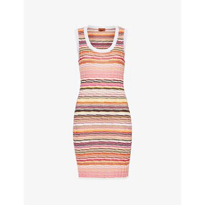 Missoni Womens  Stripe Ribbed Cotton-blend Knitted Mini Dress In Multicolor Pink Tones
