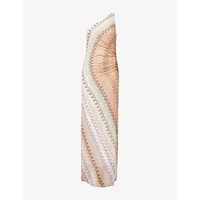 Missoni Womens One-shoulder Chevron Knitted Maxi Dress Multi Beige Red White