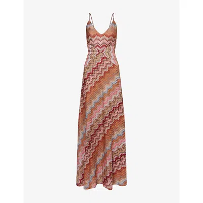 Missoni Multicolor Long Dress With Crossed Shoulder Straps And All-over Zigzag Motif In Viscose Woman In Brown