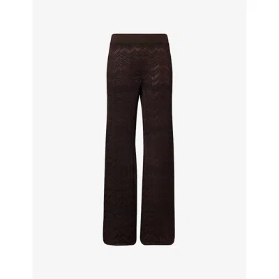 MISSONI WOMENS SOLID COLOR BROWN CHEVRON FLARED KNIT TROUSERS