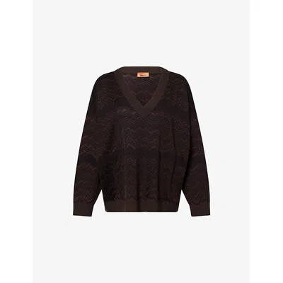 Missoni Womens Solid Color Brown Chevron V-neck Knitted Jumper