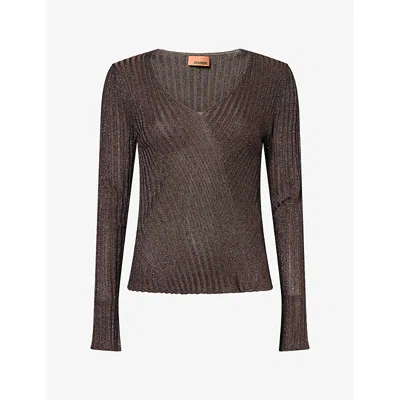 Missoni Womens V-neck Metallic Rib-knit Jumper Taupe Brown Tones