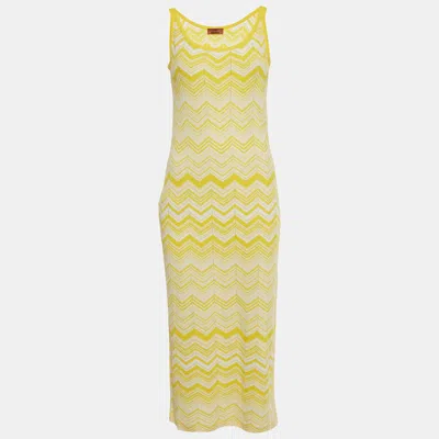 Pre-owned Missoni Yellow Zig Zag Stretch Knit Midi Dress L