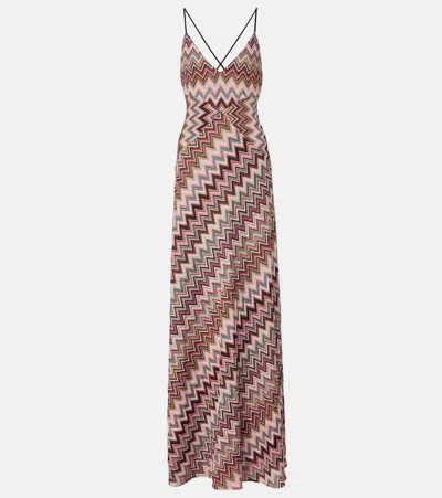 Missoni Multicolor Long Dress With Crossed Shoulder Straps And All-over Zigzag Motif In Viscose Woman In Brown