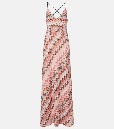 Missoni Multicolor Long Dress With Crossed Shoulder Straps And All-over Zigzag Motif In Viscose Woman In Brown
