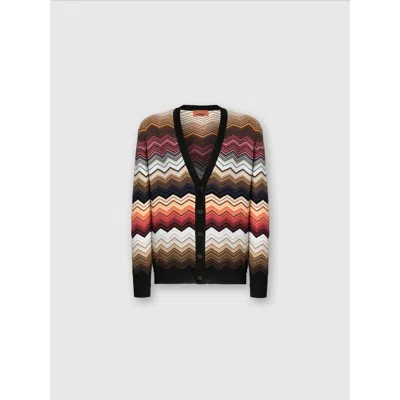 Missoni Zig Zag Cotton Cardigan With Contrasting Piping And Pockets