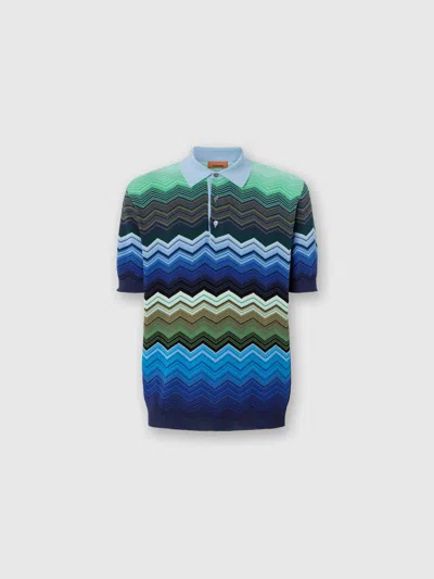 Missoni Poloshirt Aus Zick-zack-strick Aus Baumwolle Mit Kontrastierenden Paspeln In Blue