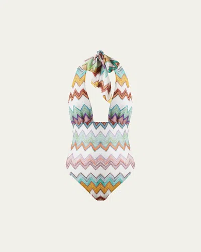 Missoni Zig Zag Crochet Halter One-piece Swimsuit In Multi