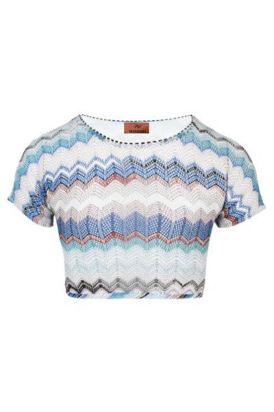 Missoni V-shaped Crocheted Short T-shirt In Blue