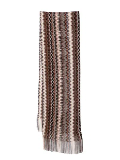 Missoni Fringed Viscose Scarf Zig-zag Texture In Brown