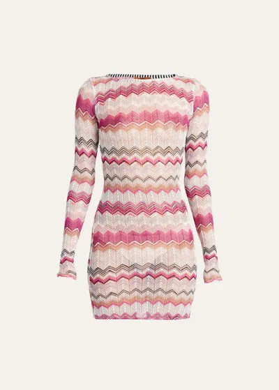 Missoni Zig-zag Knit Long-sleeve Mini Dress In Multicolor Pink Tones
