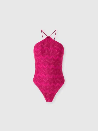 MISSONI EINTEILIGER BADEANZUG AUS ZICK-ZACK-LAMÉ AUS VISKOSE MIT NECKHOLDER-AUSSCHNITT