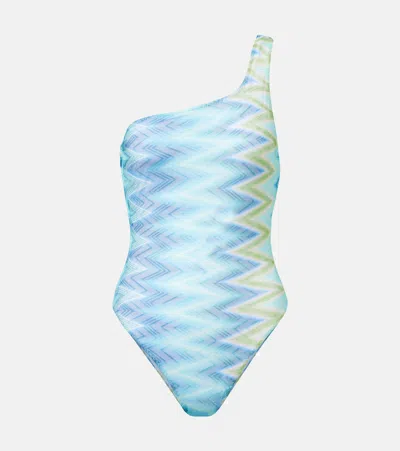 Missoni Zig Zag One-shoulder Swimsuit In Blue